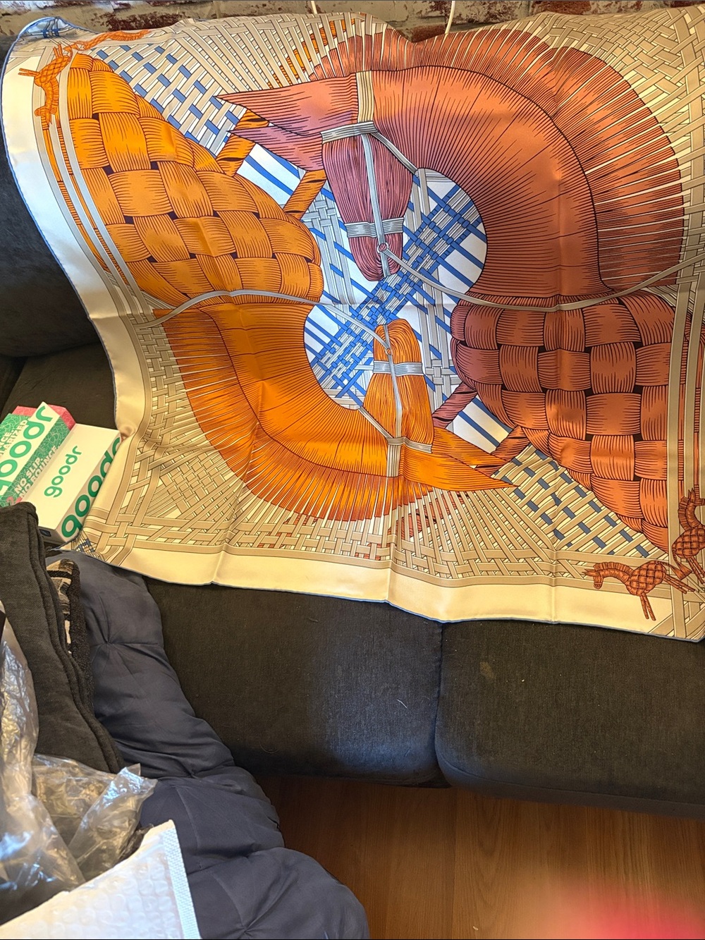 Elegant Orange and Brown Horse-Print Silk Scarf Wrap